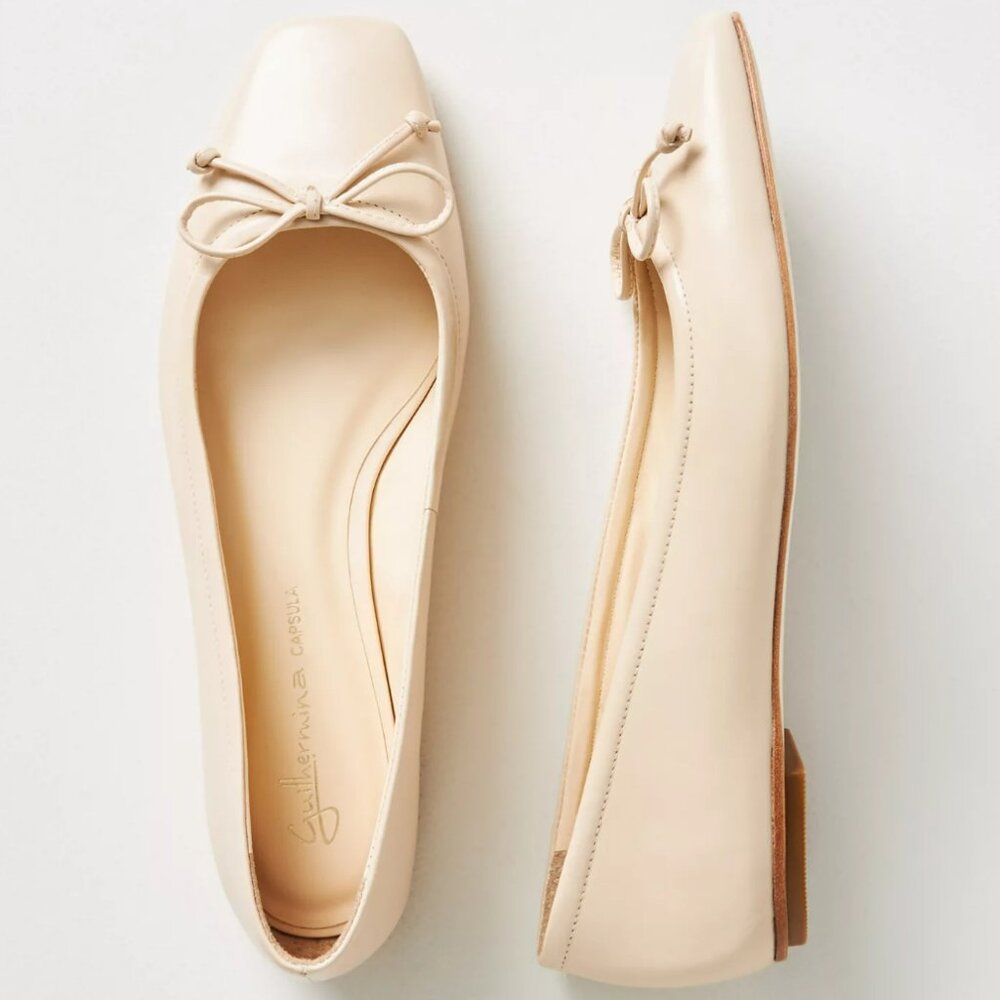Square Toe Bow Ballet Flats in Cream
